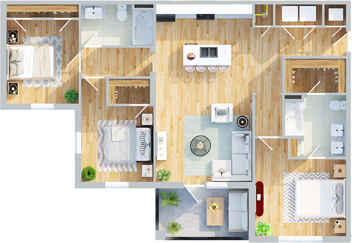 3 bedroom floorplan overhead
